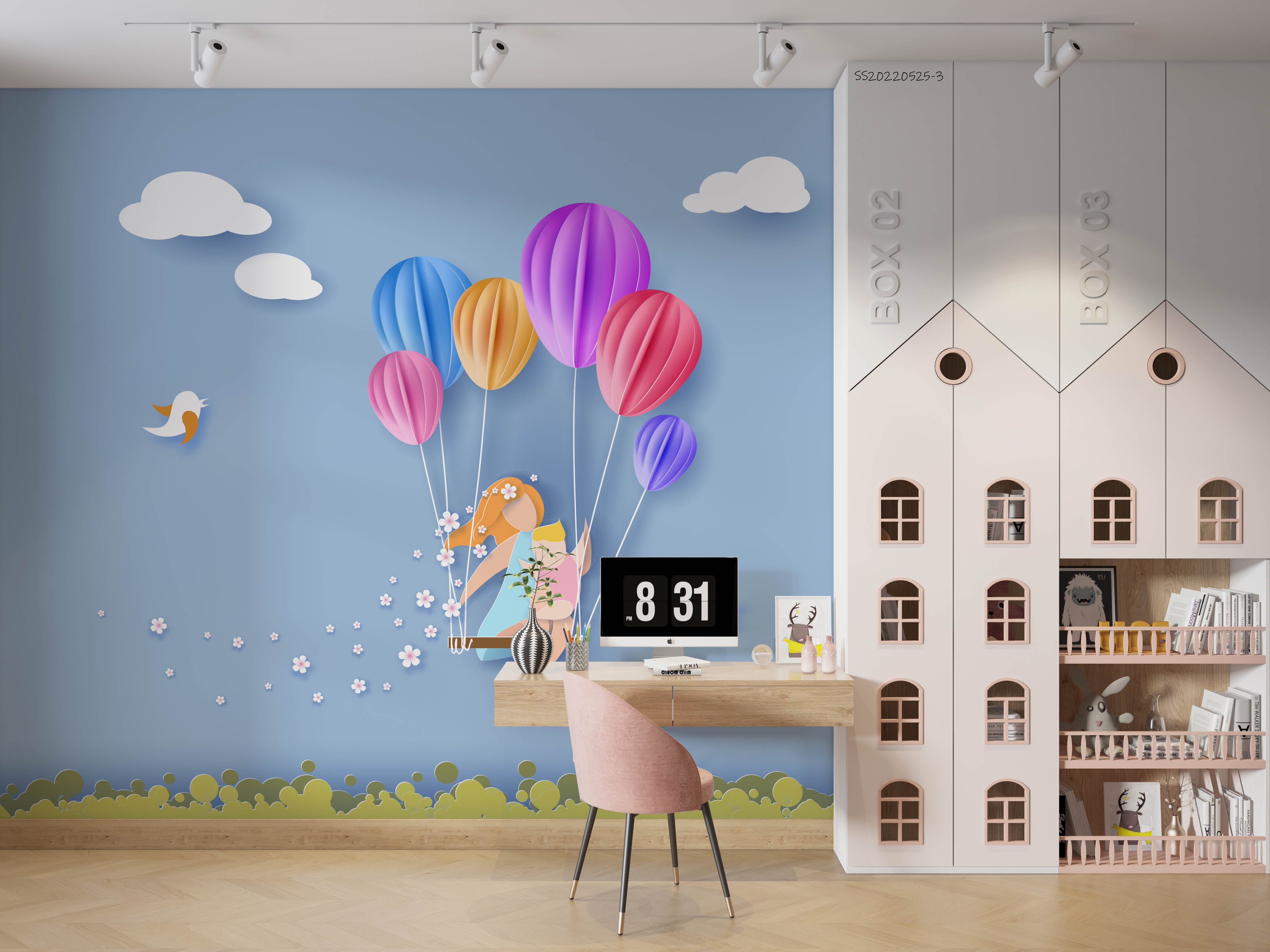 3D Cartoon Balloon Swing Sky Cloud Bird Wall Mural Wallpaper GD 287- Jess Art Decoration