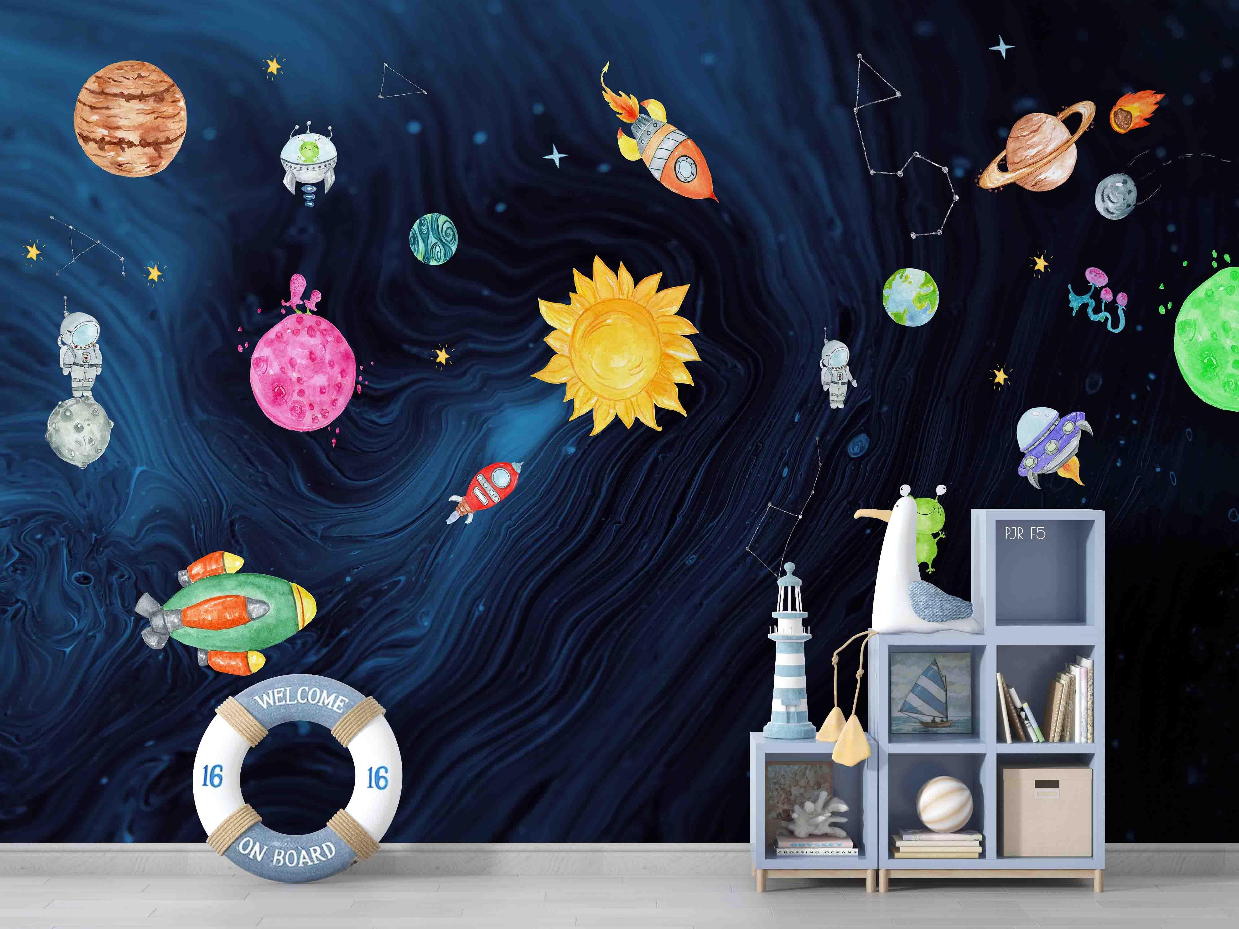 3D Space Planet Playroom cartoon space planet mural wall mural wallpaper for playroom - view 4