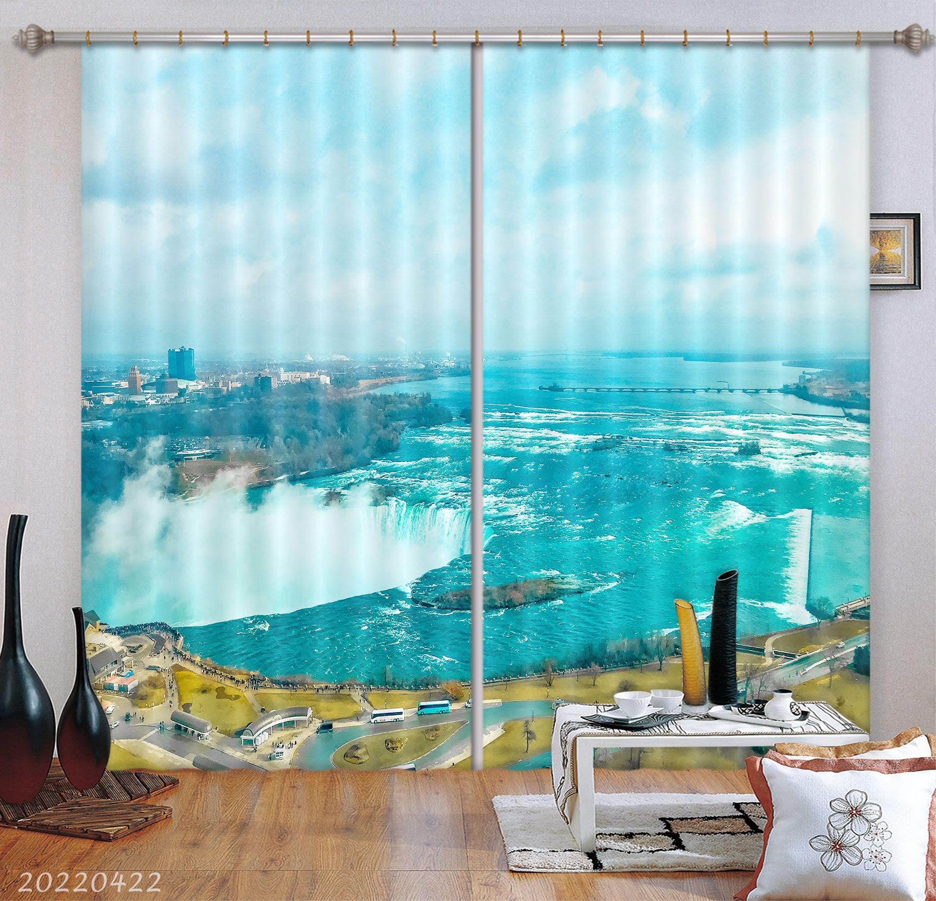 3D Landscape River Waterfall City Building Wood Curtains and Drapes GD 4281- Jess Art Decoration