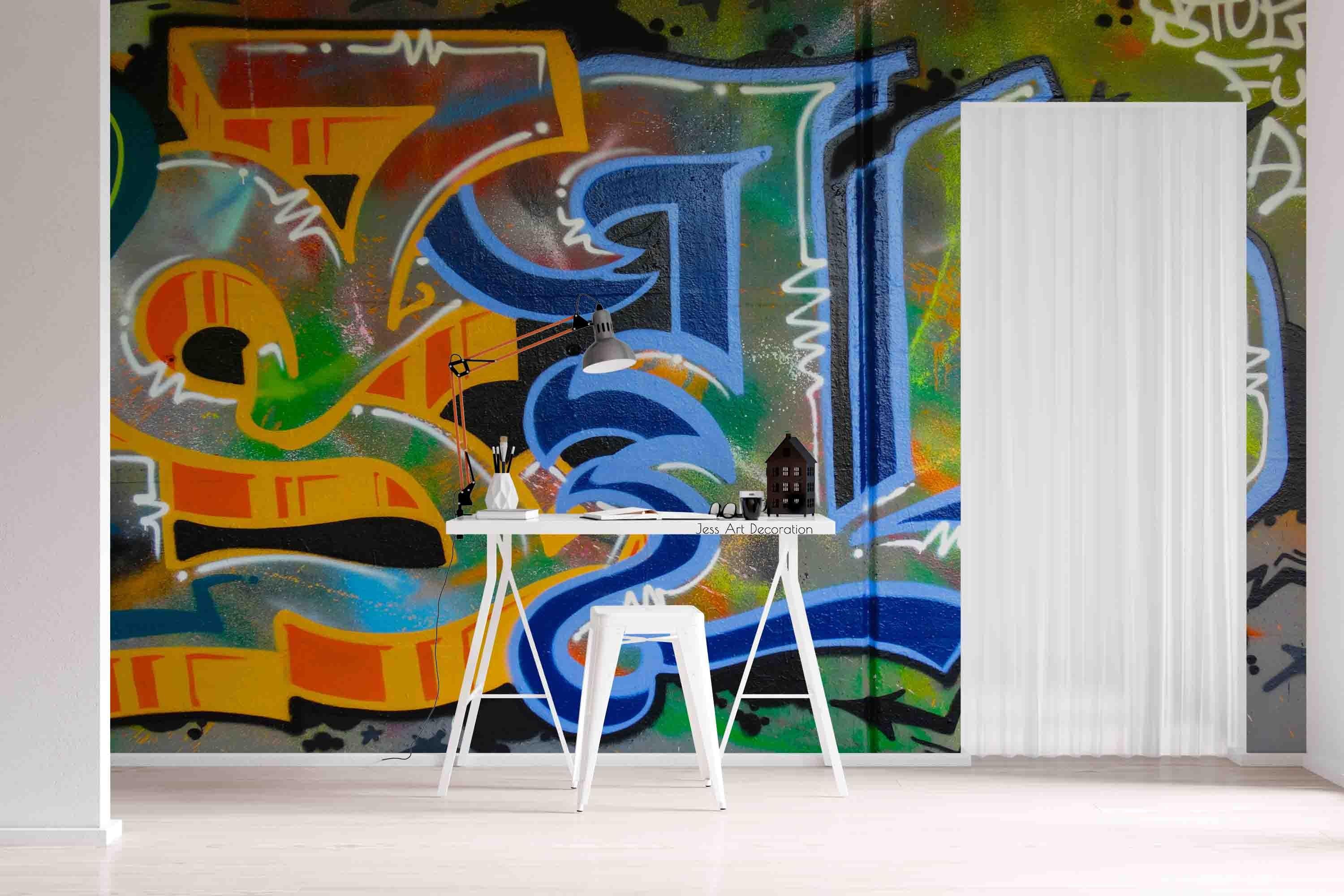 Abstract Graffiti Blue Yellow Pattern Wallpaper urban graffiti wall mural for teen room, studio or feature wall - view 2