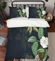 3D White Flowers Green Leaves Quilt Cover Set Bedding Set Pillowcases 189- Jess Art Decoration
