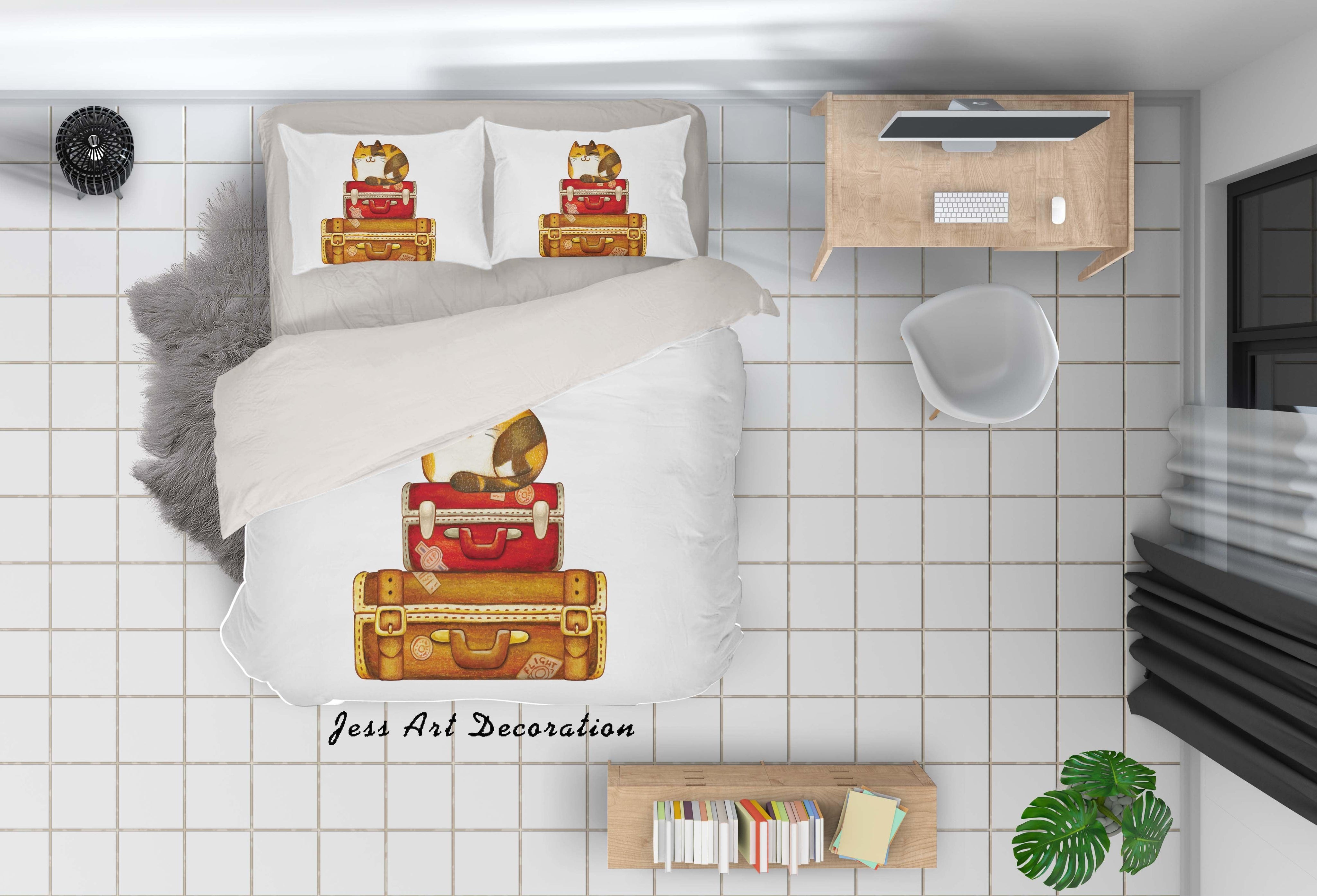 3D White Retro Suitcase Cat Quilt Cover Set Bedding Set Duvet Cover Pillowcases SF35- Jess Art Decoration