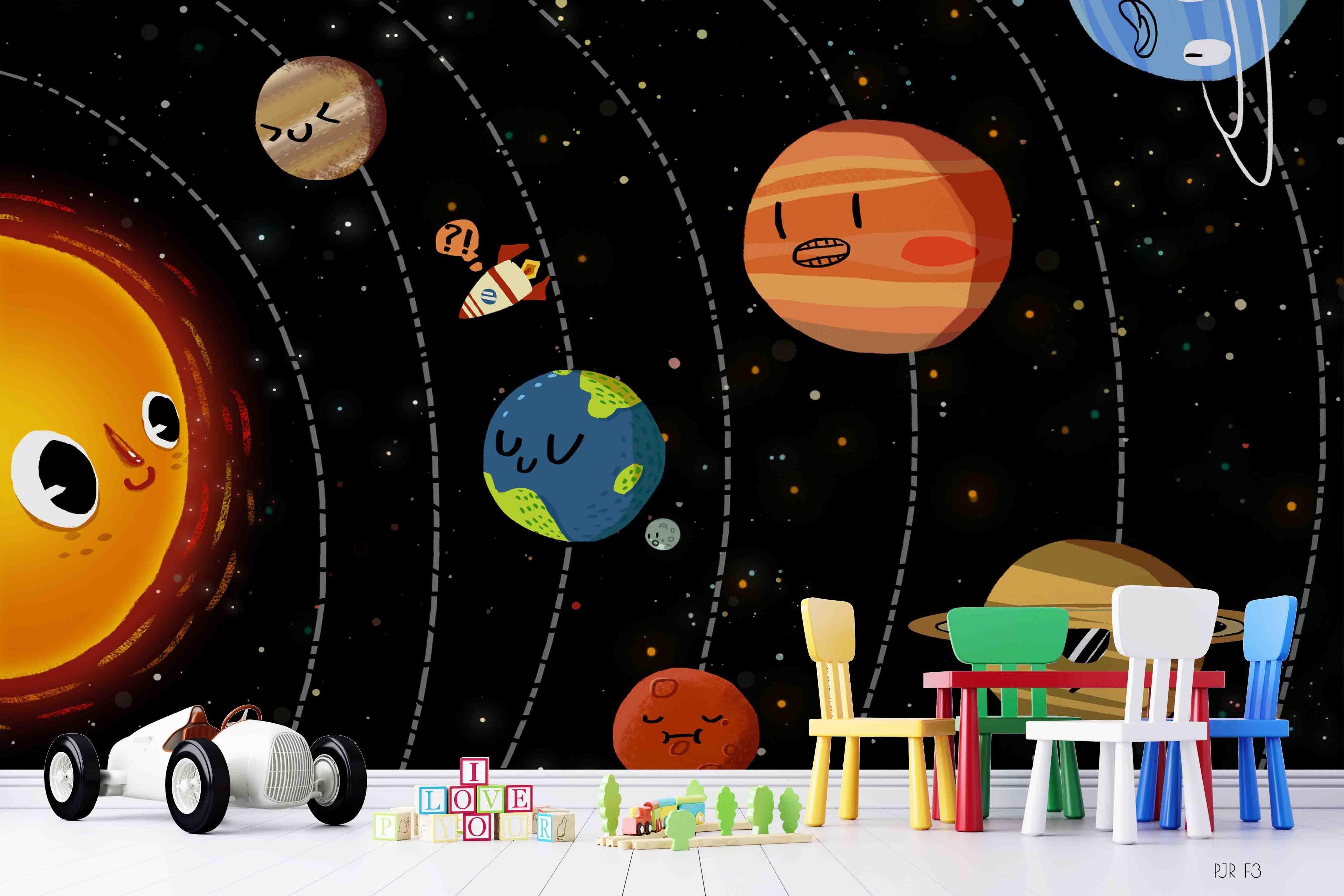 3D Cartoon Solar System cartoon solar system mural wall mural wallpaper for kids room