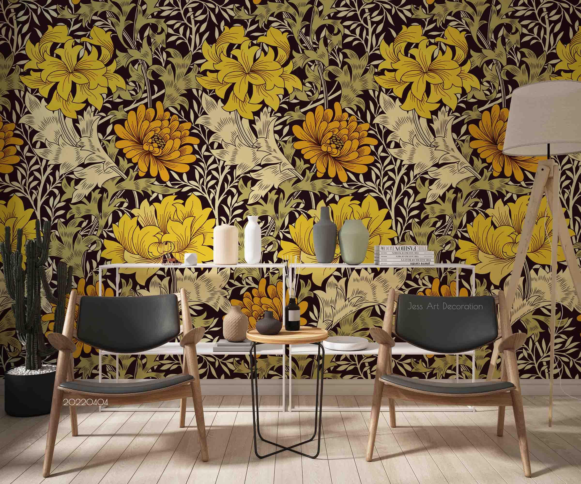 3D Vintage Leaf Floral Yellow Wall Mural Wallpaper GD 3970- Jess Art Decoration