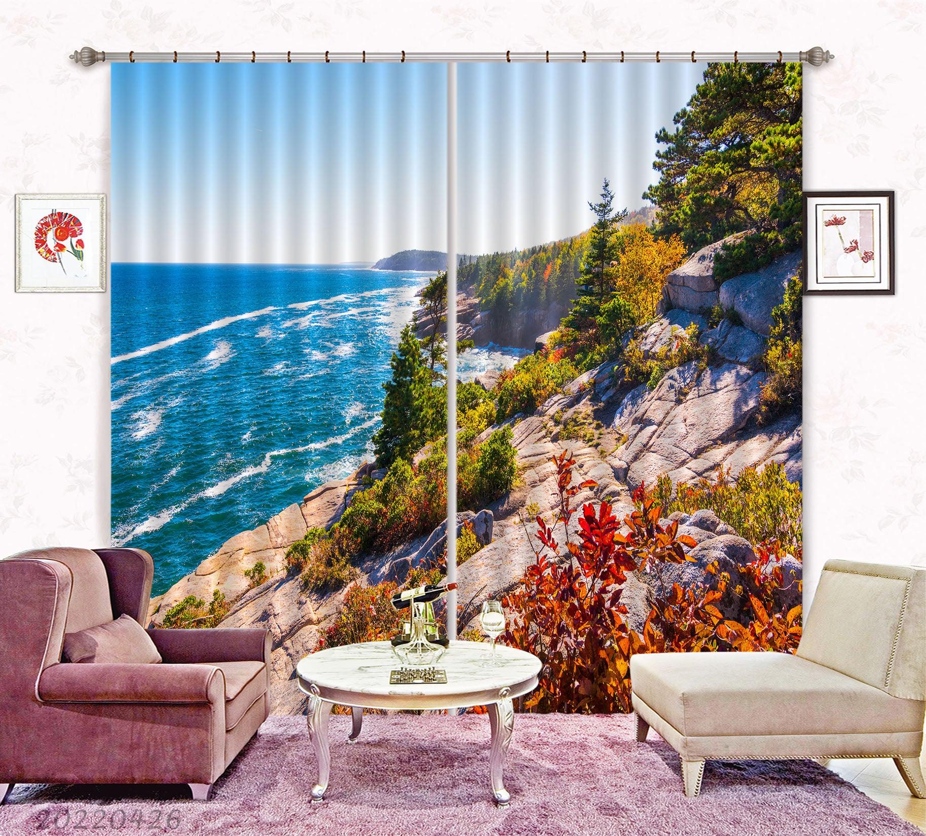 3D Landscape Mountain Rock Woods Blue Sea Curtains and Drapes GD 4903- Jess Art Decoration