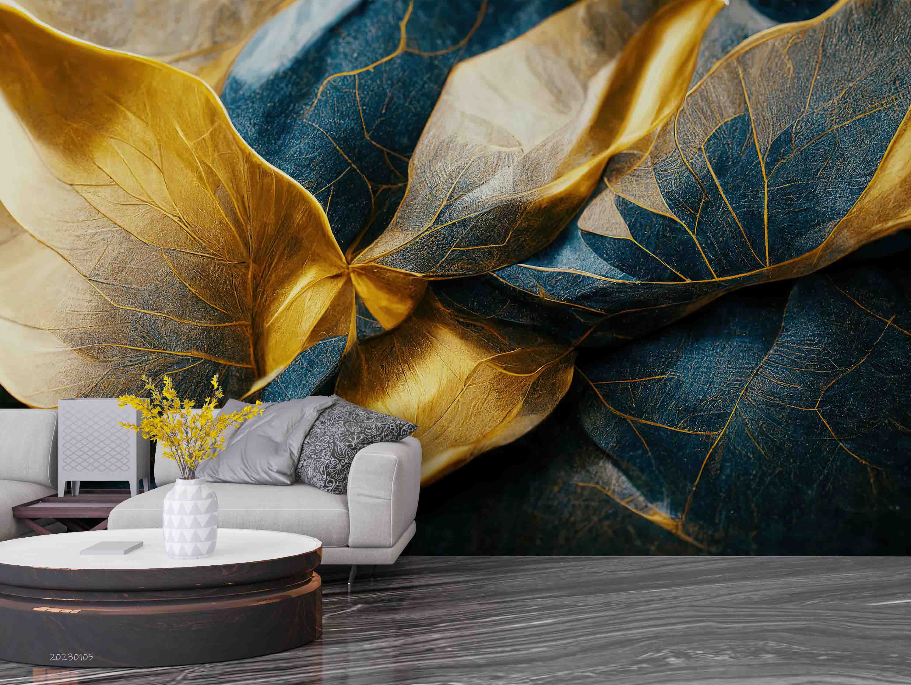 3D Vintage Gold Blue Leaf Wall Mural Wallpaper GD 1828- Jess Art Decoration