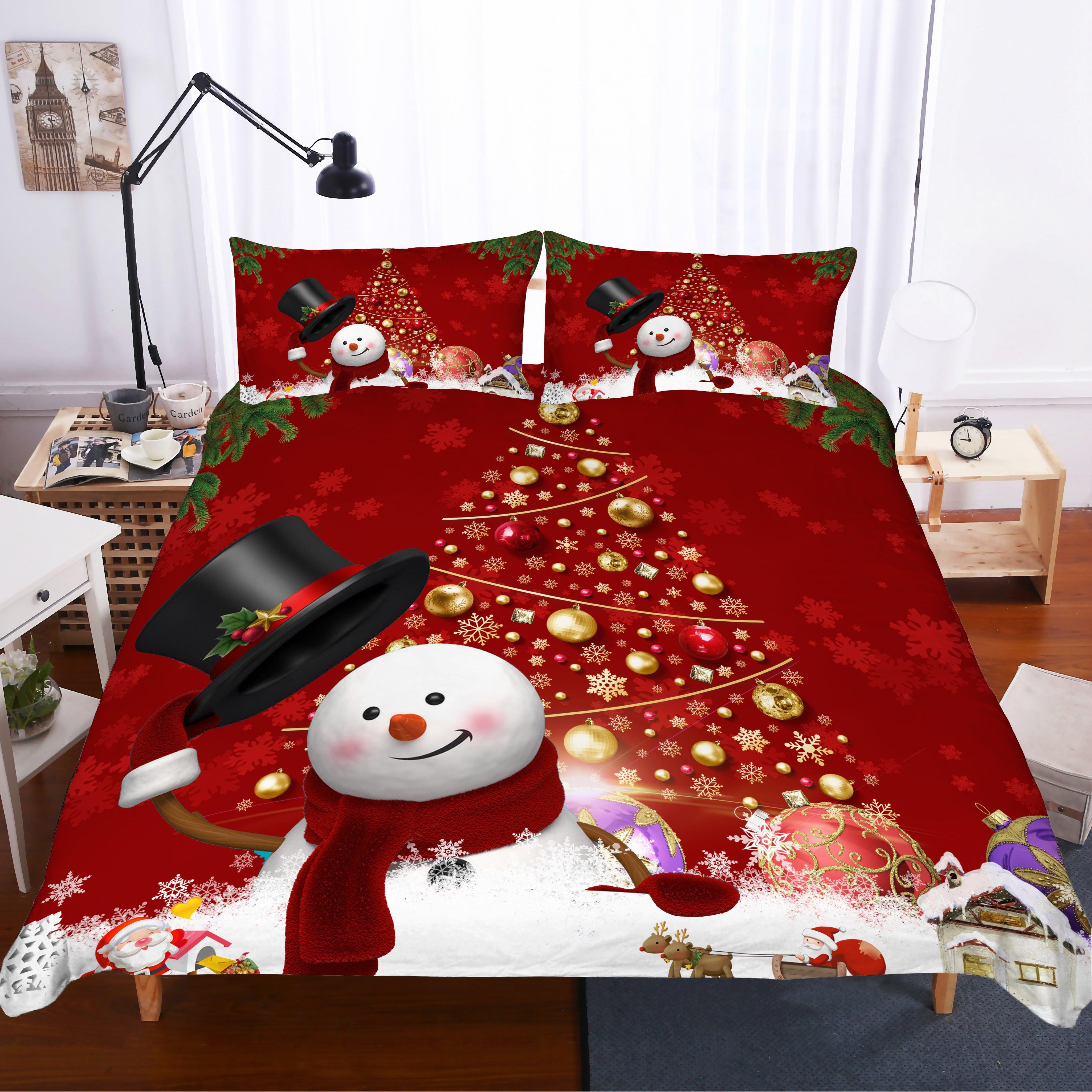 3D Merry Christmas Red Sniwman Christmas Trees Quilt Cover Set Bedding Set Duvet Cover Pillowcases JN 3053- Jess Art Decoration