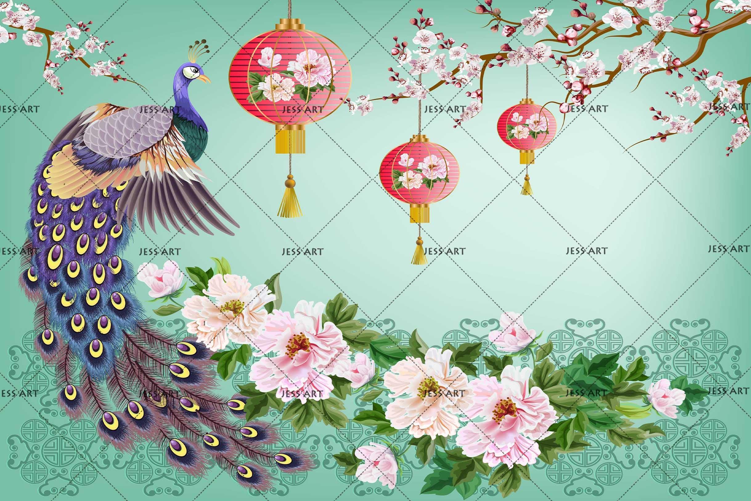 3D Peacock Plum Blossom Lantern Wall Mural Wallpaper 34 LQH- Jess Art Decoration