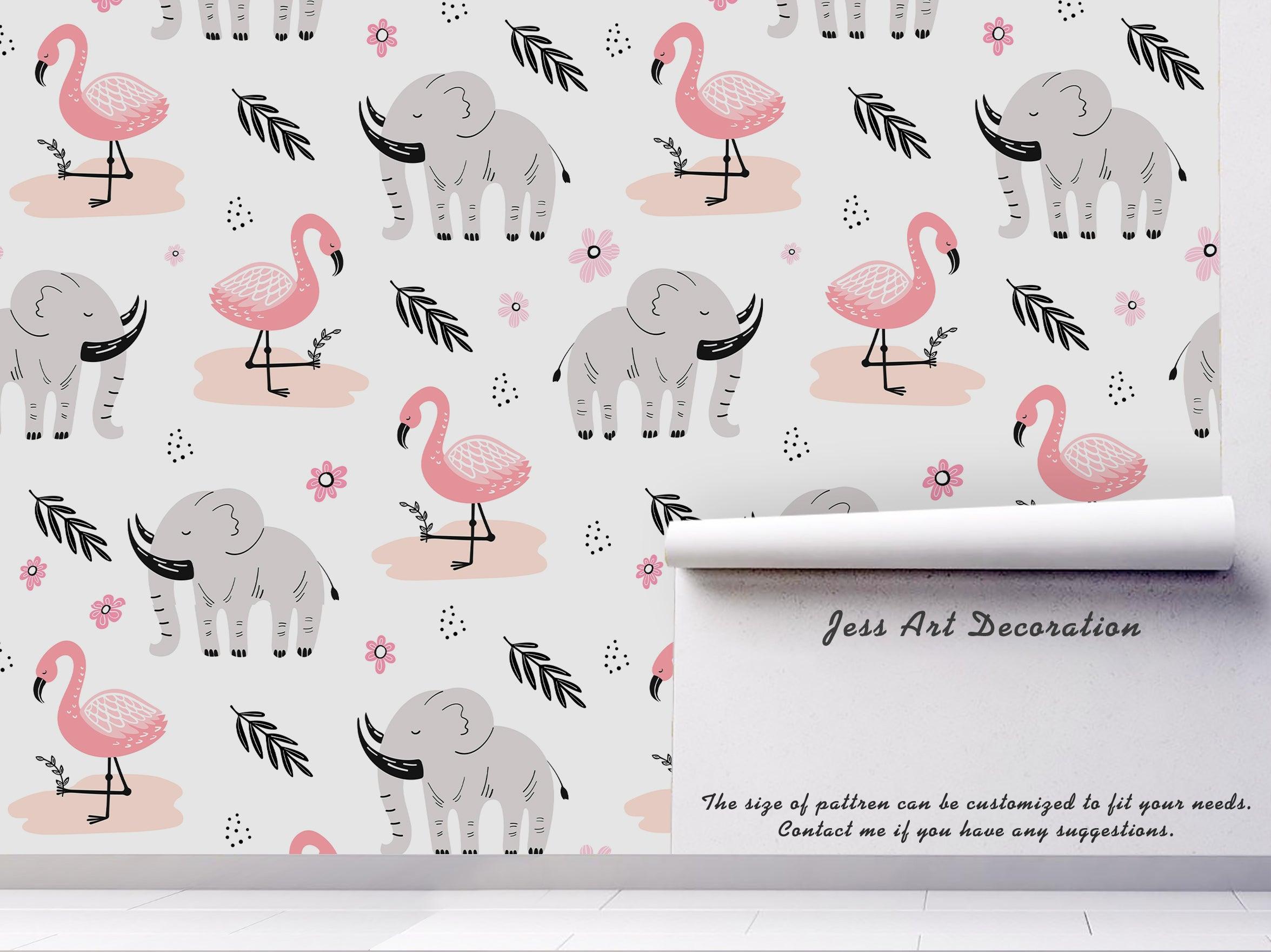 3D Pink Flamingo Grey Elephant Wall Mural Wallpaper 11- Jess Art Decoration