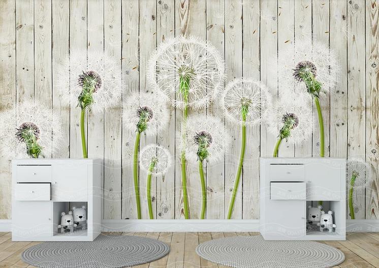 3D Freshness Dandelion Flowers Wood Grain White Wall Mural Wallpaper GD 1047- Jess Art Decoration