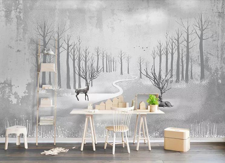 3D Grey Forest Elk Trees Watercolor Wall Mural Wallpaper GD 1144- Jess Art Decoration