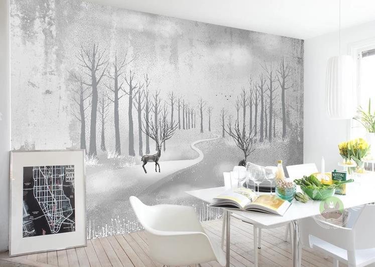 3D Grey Forest Elk Trees Watercolor Wall Mural Wallpaper GD 1144- Jess Art Decoration