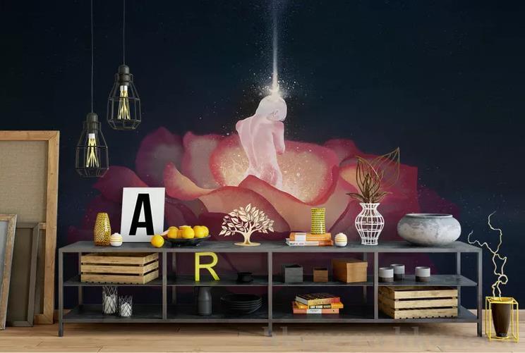 3D Modern Northern Europe Freehand Cartoon Simpleness Red Rose Flower Woman Black Wall Mural Wallpaper GD 1115- Jess Art Decoration
