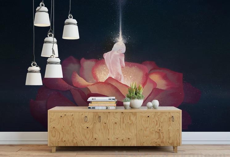 3D Modern Northern Europe Freehand Cartoon Simpleness Red Rose Flower Woman Black Wall Mural Wallpaper GD 1115- Jess Art Decoration