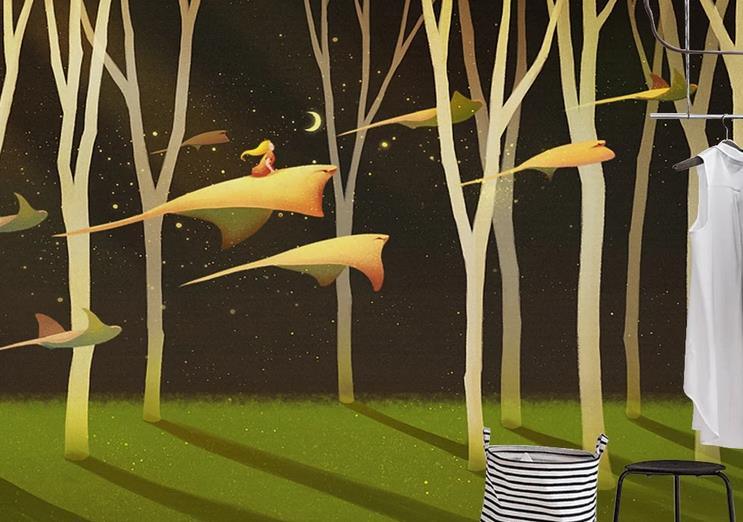 3D Hand Drawn Abstract Night Girl Flying Children Room Wall Mural Wallpaper GD 1330- Jess Art Decoration