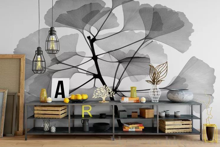 3D Modern Simple Freehand Abstract Gingko Leaves Black White Wall Mural Wallpaper GD 1080- Jess Art Decoration