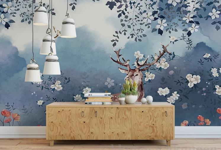 3D Elk Countryside Floral Oil Painting Wall Mural Wallpaper GD 1148- Jess Art Decoration