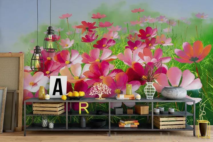 3D Retro Countryside Pattern Pink Floral Green Grass Oil Painting Wall Mural Wallpaper GD 1177- Jess Art Decoration