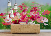 3D Retro Countryside Pattern Pink Floral Green Grass Oil Painting Wall Mural Wallpaper GD 1177- Jess Art Decoration