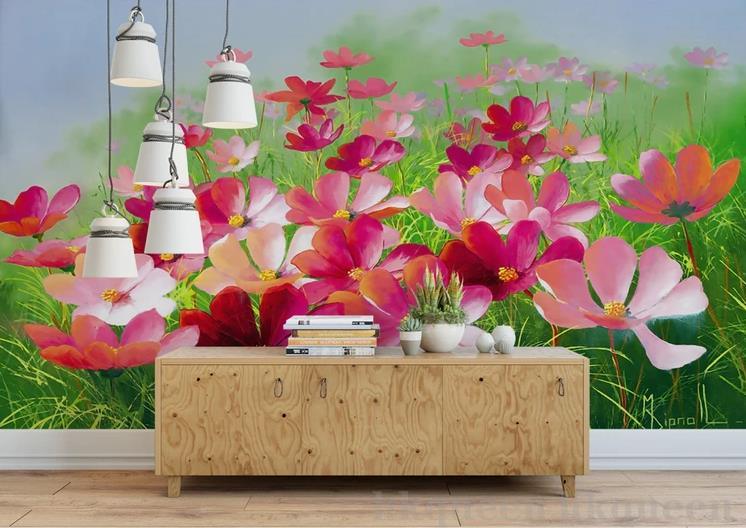 3D Retro Countryside Pattern Pink Floral Green Grass Oil Painting Wall Mural Wallpaper GD 1177- Jess Art Decoration