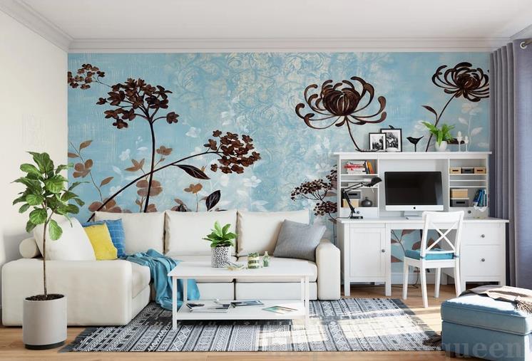 3D Hand Drawn Blue Shading Floral Wall Mural Wallpaper GD 1320- Jess Art Decoration