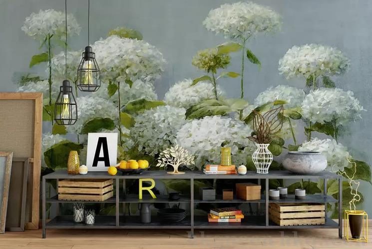 3D Retro Hydrangea Floral White Patterns Background Wall Mural Wallpaper GD 1199- Jess Art Decoration