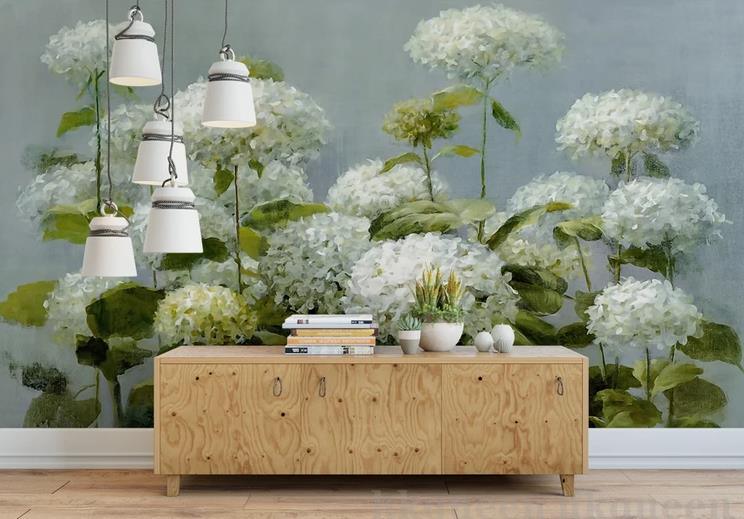 3D Retro Hydrangea Floral White Patterns Background Wall Mural Wallpaper GD 1199- Jess Art Decoration