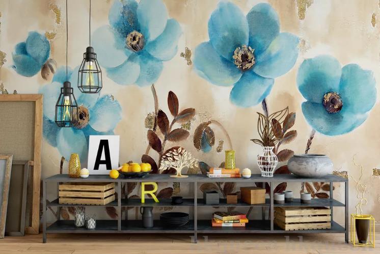 3D Retro Blue Flowers Leaves Abstract Oil Painting Wall Mural Wallpaper GD 1181- Jess Art Decoration