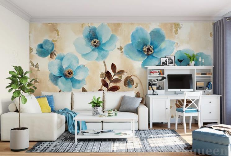 3D Retro Blue Flowers Leaves Abstract Oil Painting Wall Mural Wallpaper GD 1181- Jess Art Decoration