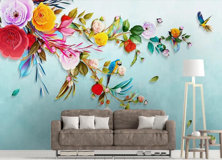 3D Hand Drawn Floral Bird Marbling Oil Painting Wall Mural Wallpaper GD 1352- Jess Art Decoration