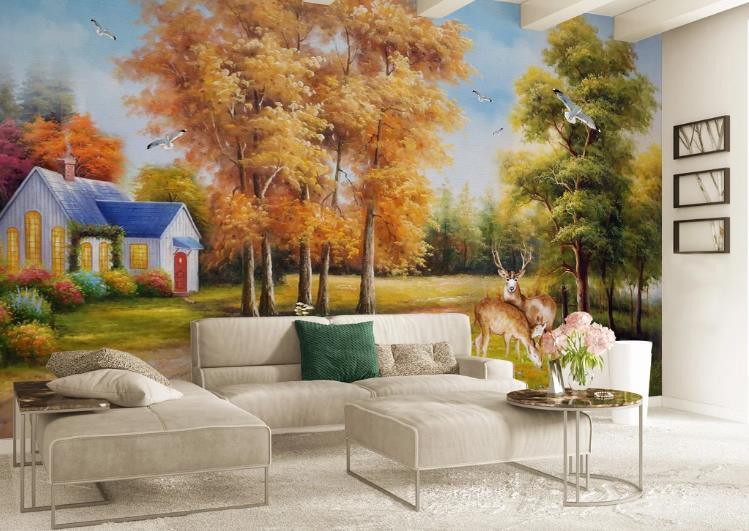 3D Golden Trees Elks Countryside Oil Painting Background Wall Mural Wallpaper GD 1158- Jess Art Decoration