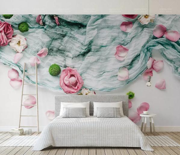 3D Green Textile Cloth Red Rose Wall Mural Wallpaper 473- Jess Art Decoration