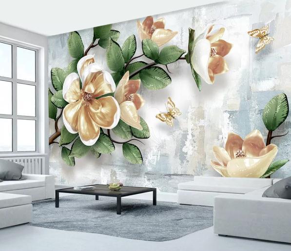 3D Golden Magnolia Floral Relief Wall Mural Wallpaper 461- Jess Art Decoration