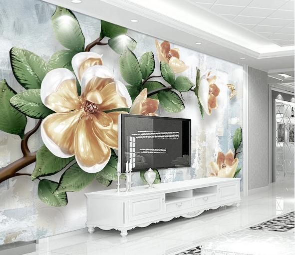 3D Golden Magnolia Floral Relief Wall Mural Wallpaper 461- Jess Art Decoration