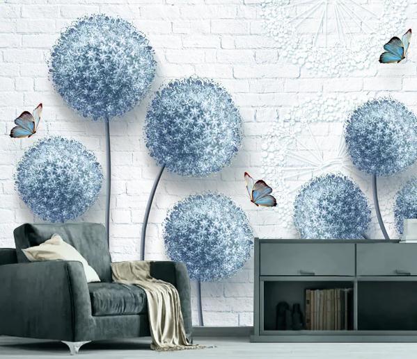3D Blue Dandelion Butterfly Wall Mural Wallpaper 103- Jess Art Decoration