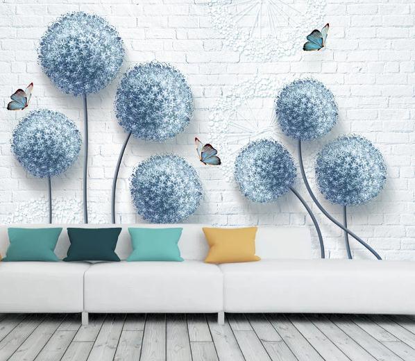 3D Blue Dandelion Butterfly Wall Mural Wallpaper 103- Jess Art Decoration