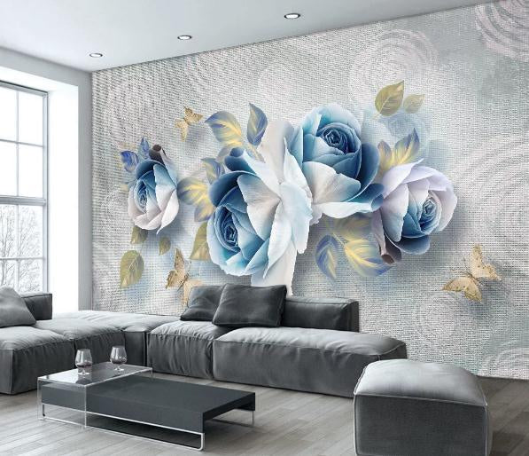 3D Blue European Style Rose Relief Wall Mural Wallpaper 488- Jess Art Decoration