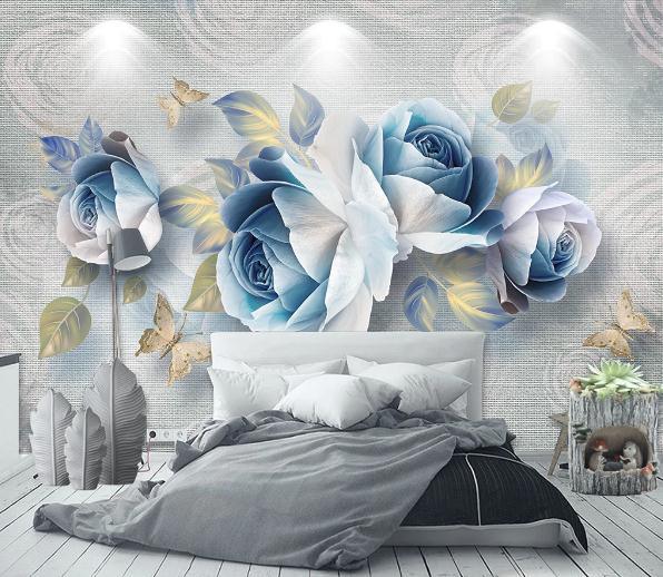3D Blue European Style Rose Relief Wall Mural Wallpaper 488- Jess Art Decoration