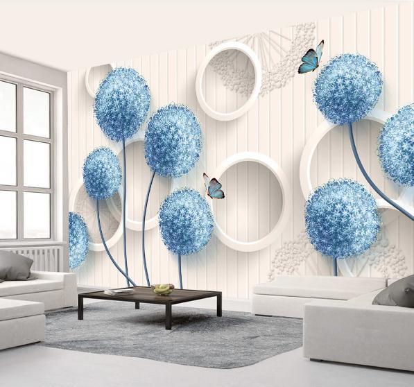 3D Blue Dandelion White Circle Wall Mural Wallpaper 102- Jess Art Decoration