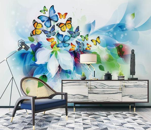 3D Blue Hand Painting Floral Butterfly Wall Mural Wallpaper 301- Jess Art Decoration
