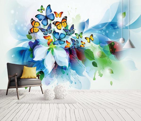 3D Blue Hand Painting Floral Butterfly Wall Mural Wallpaper 301- Jess Art Decoration