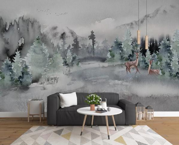 3D Abstract Winter Forest Elk Wall Mural Wallpaper 307- Jess Art Decoration