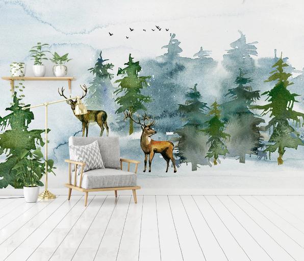 3D Green Pine Forest Elk Landscape Wall Mural Wallpaper 415- Jess Art Decoration