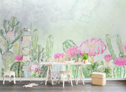 3D Green Tropical Cactus Pink Floral Wall Mural Wallpaper 412- Jess Art Decoration