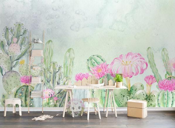 3D Green Tropical Cactus Pink Floral Wall Mural Wallpaper 412- Jess Art Decoration