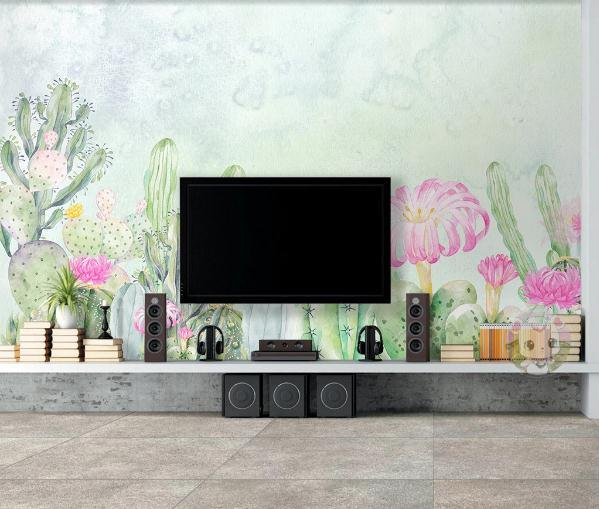 3D Green Tropical Cactus Pink Floral Wall Mural Wallpaper 412- Jess Art Decoration