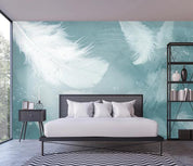 3D Green Background White Feathers Wall Mural Wallpaper 429- Jess Art Decoration