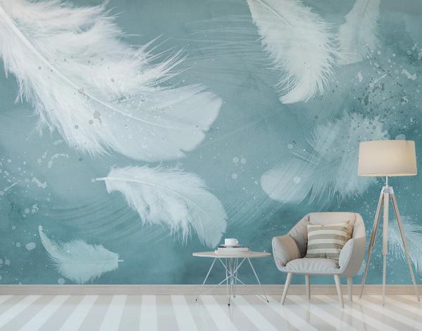 3D Green Background White Feathers Wall Mural Wallpaper 429- Jess Art Decoration