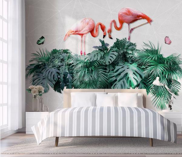 3D Green Tropical Plants Flamingo Wall Mural Wallpaper 411- Jess Art Decoration