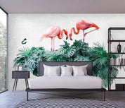 3D Green Tropical Plants Flamingo Wall Mural Wallpaper 411- Jess Art Decoration